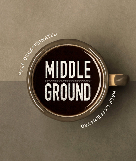 Peet's Coffee Middle Ground Medium Roast coffee. A blend of decaffinated and regular coffee. Bird's eye view of a mug of black coffee.