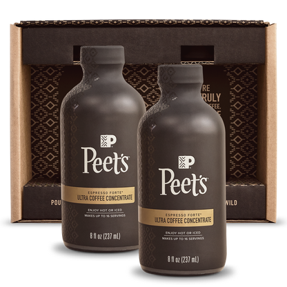 Peet's Coffee Ultra coffee concentrate 2 bottle pack with packaging in background