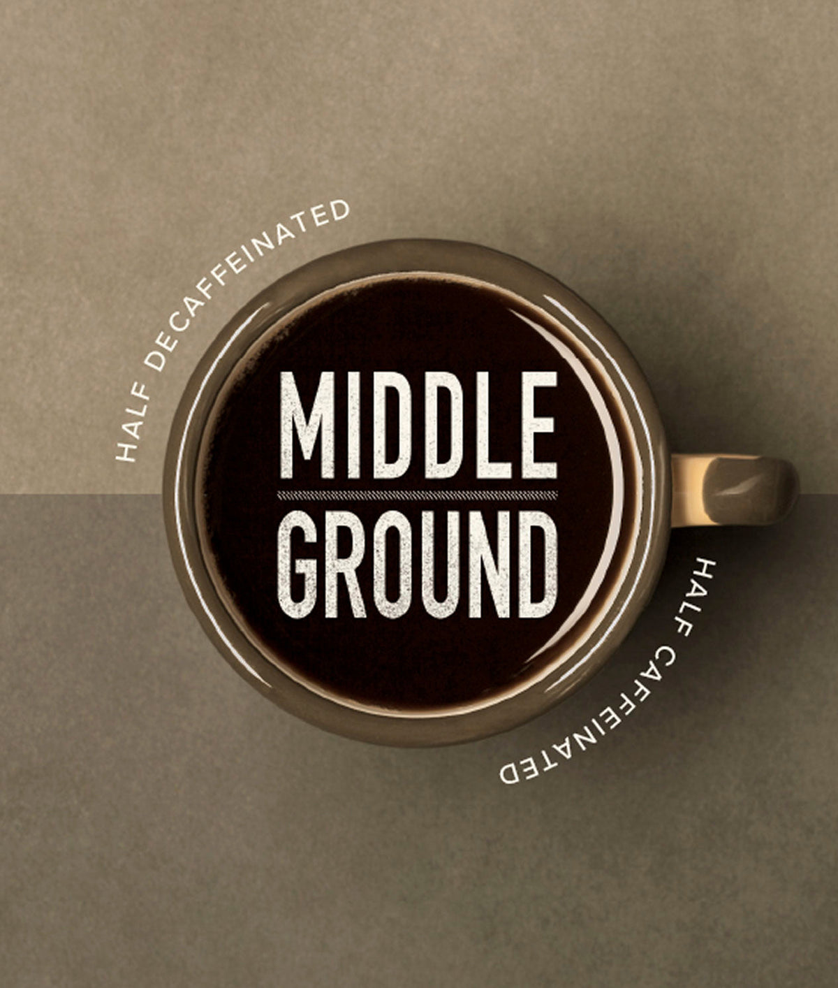 Peet's Coffee Middle Ground Medium Roast coffee. A blend of decaffinated and regular coffee. Bird's eye view of a mug of black coffee.