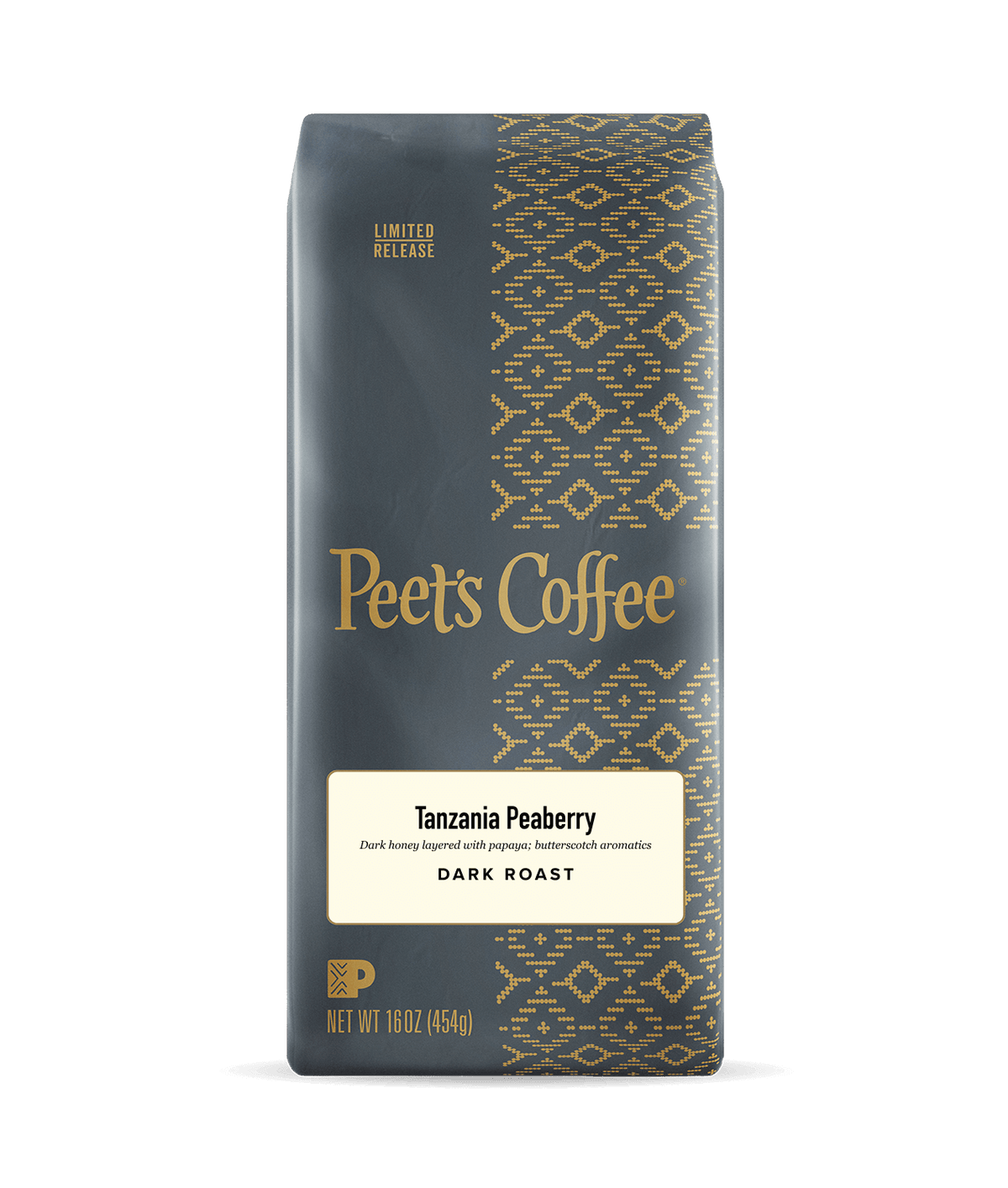 Peet's Coffee Tanzania Peaberry dark roast coffee package on a dark background