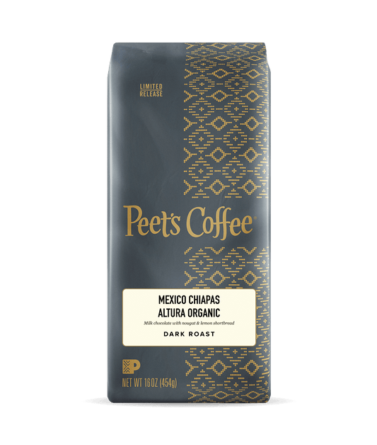 Peet's Coffee Mexico Chiapas Altura Organic package with gold text and pattern on a dark background