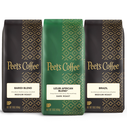 Three Peet's Coffee bags with different blends on a white background