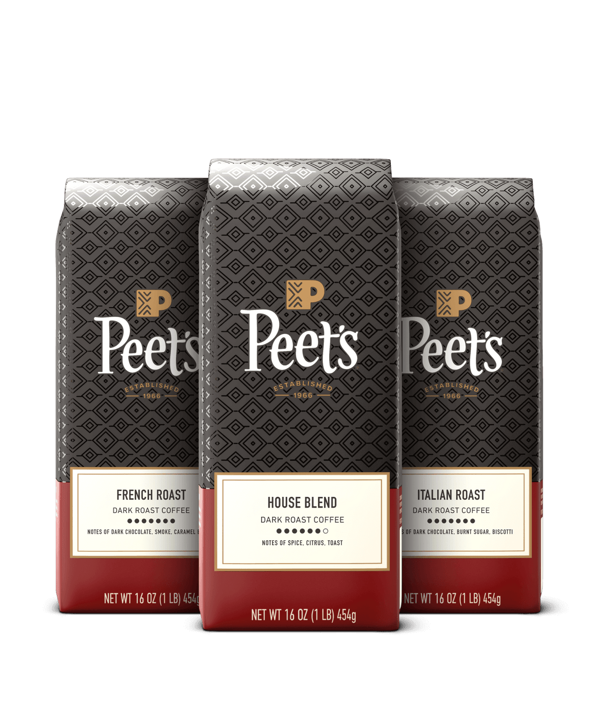 Three Peet's coffee bags with different roast types on a black background