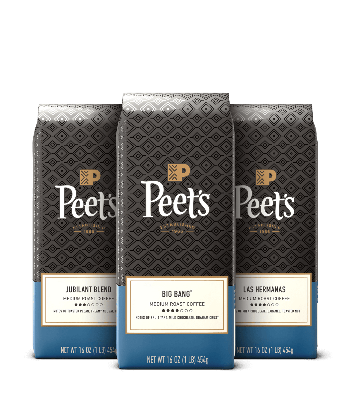 Three Peet's coffee bags with different blends on a black background