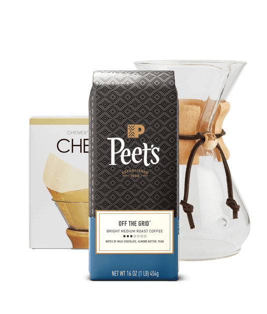 Peet's Coffee Pour Over Starter Kit. Chemex bonded filters, Off the Grid 16 oz coffee beans and an 8-cup chemex pour over brewer.