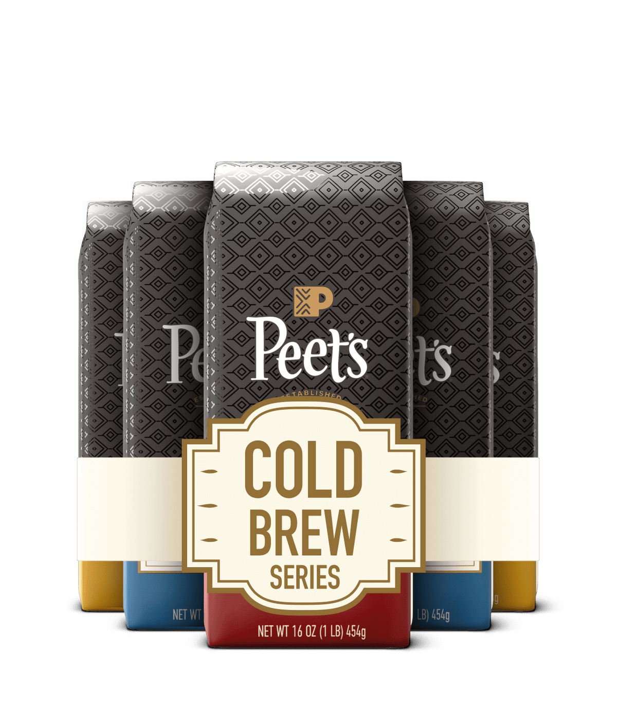 Packaging of Peet's Cold Brew Series coffee bags on a black background