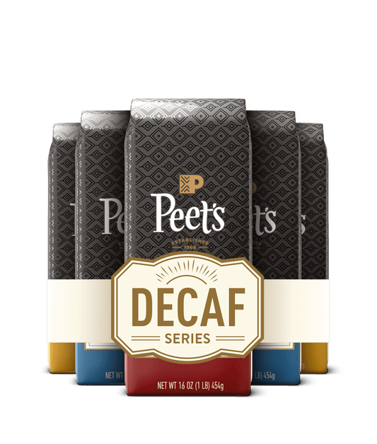Peet's Decaf coffee packages with a black background