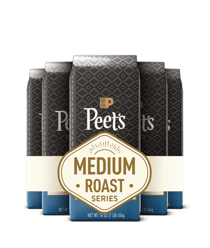 Packaging of Peet's coffee bags with a focus on the 'Medium Roast Series' label.