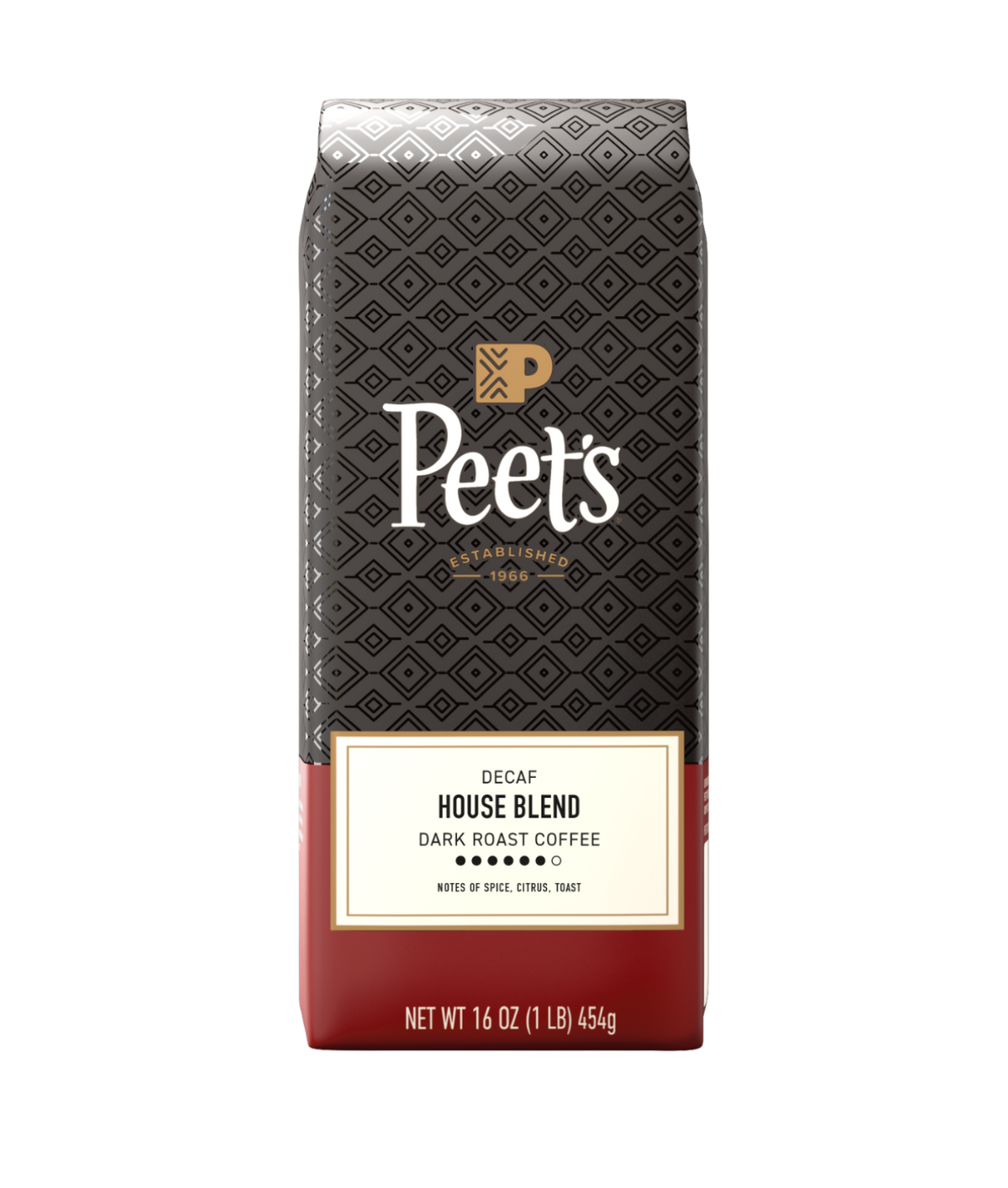 Peet's Coffee bag with black and red design on a white background