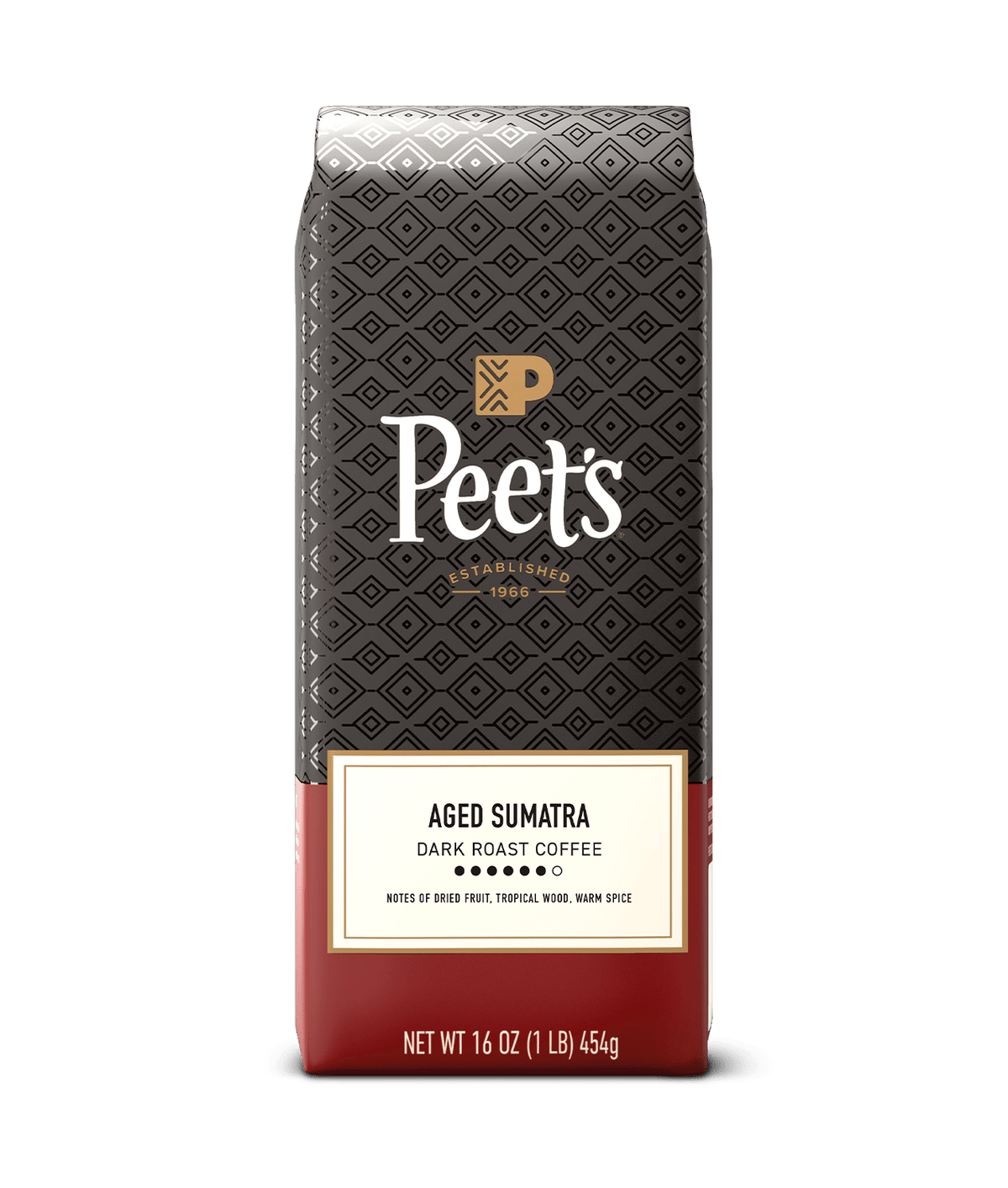 Peet's Aged Sumatra coffee bag on a traansparent background