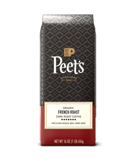 Peet's Organic French Roast coffee bag on a green background