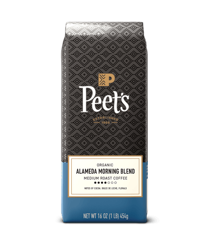 Peet's Coffee bag with a black and blue design on a green background