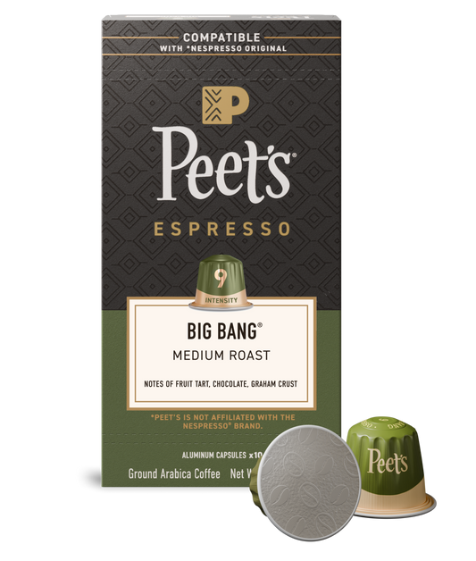 Peet's Espresso Big Bang coffee capsule packaging with a green and brown design.