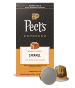 Peet's Espresso Caramel coffee capsule packaging with a single capsule on a white background