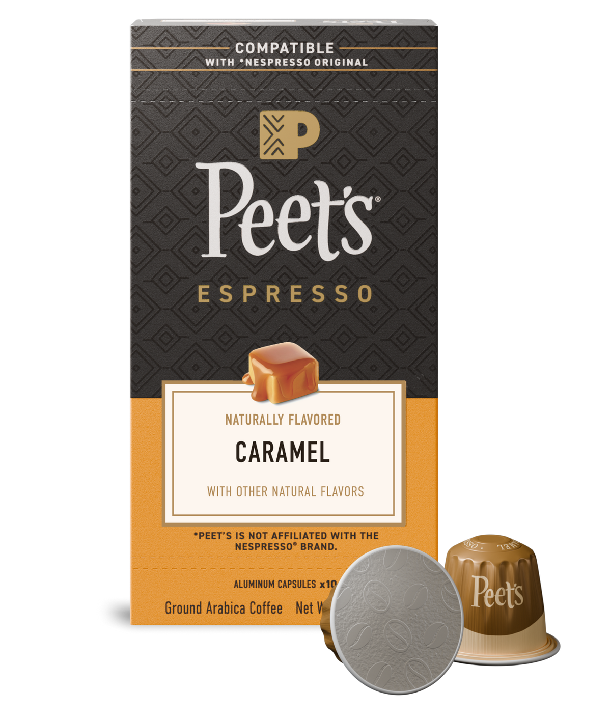 Peet's Espresso Caramel coffee capsule packaging with a single capsule on a white background