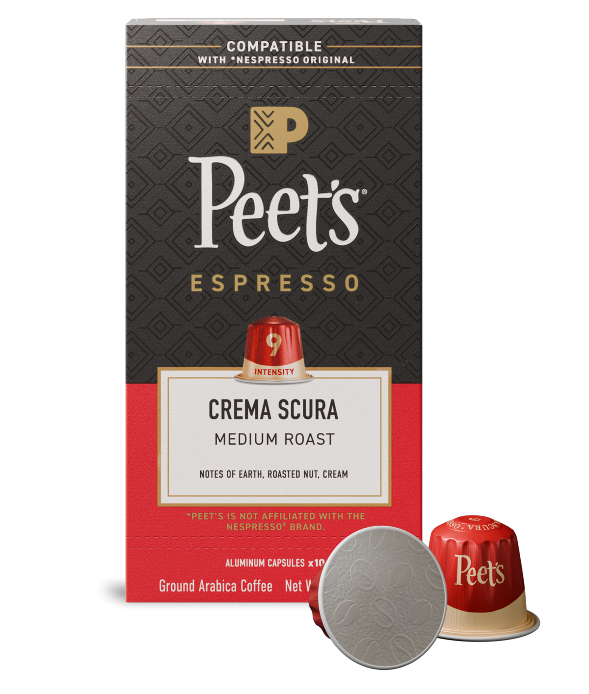 Peet's Espresso coffee capsule packaging with a red and black design.
