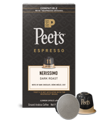 Peet's Espresso Nerissimo dark roast coffee packaging with a coffee capsule on a white background