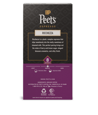 Peet's Espresso Ricchezza coffee package on a white background - back