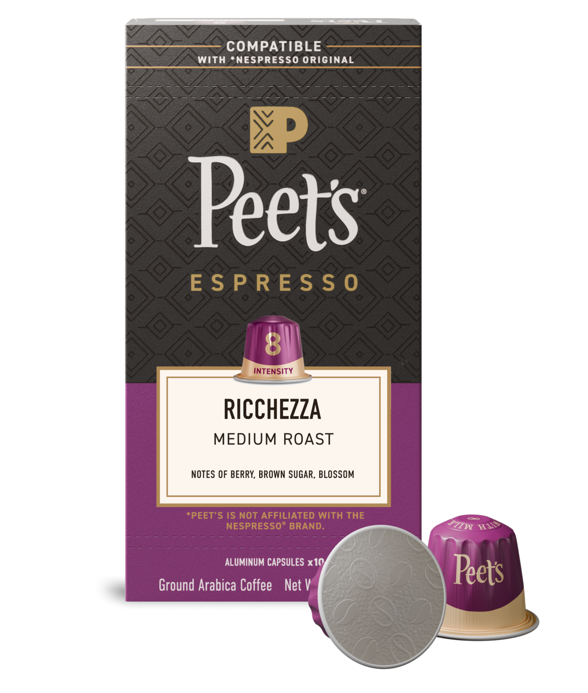 Peet's Espresso Ricchezza coffee capsule packaging with a purple and black design.