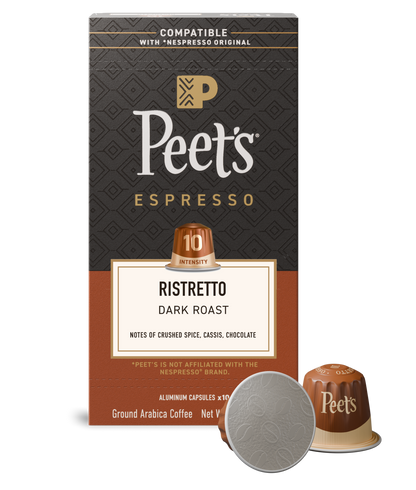 Peet's Espresso Ristretto coffee capsule packaging with a single capsule on a white background