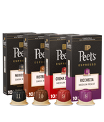Four boxes of Peet's Espresso capsules with different roast levels on a black background