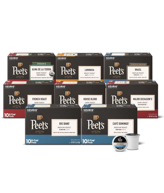 Collection of Peet's K-cup coffee boxes on a white background