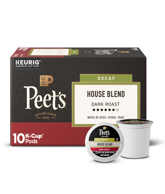 Box of Peet's K-Cup coffee pods with a single pod on a white background