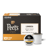 Box of Peet's Luminosa K-Cup pods with a single pod on a white background
