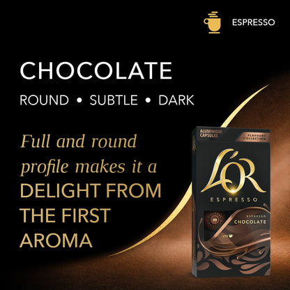 LOR Espresso chocolate capsule packaging with text on a dark background
