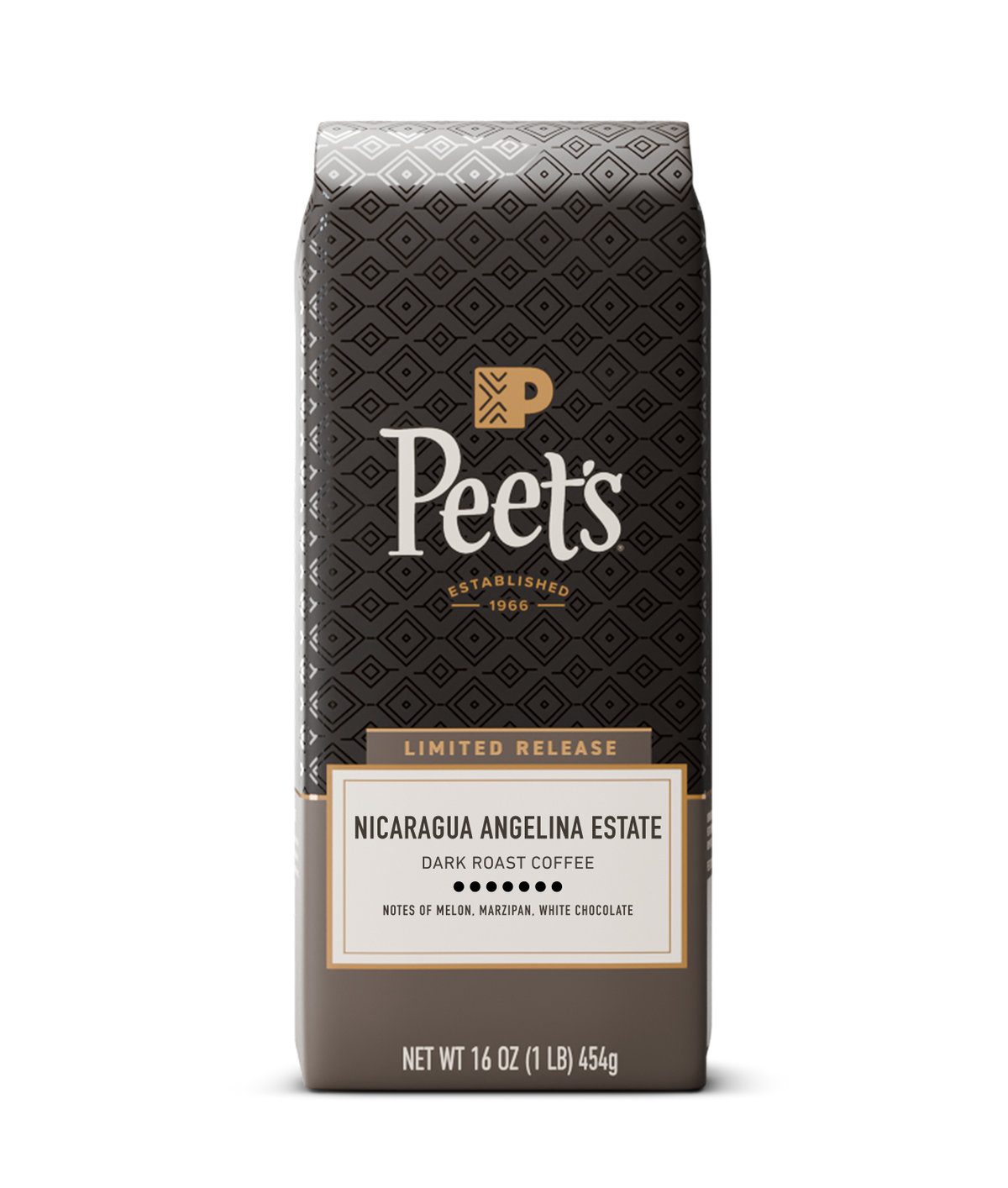 Peet's coffee bag with black pattern on a white background