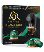 LöR Coffee Château Blend packaging with coffee capsule and coffee machine illustration.