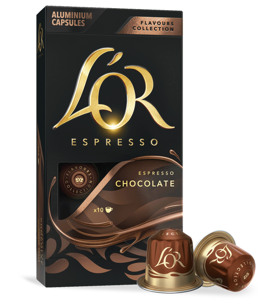 LöR Espresso chocolate capsules packaging with two capsules on a white background