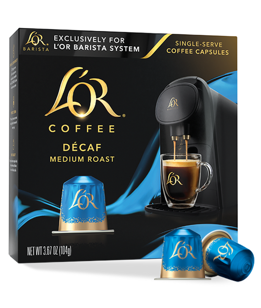 LöR Coffee Decaf packaging with coffee machine and cup on a white background