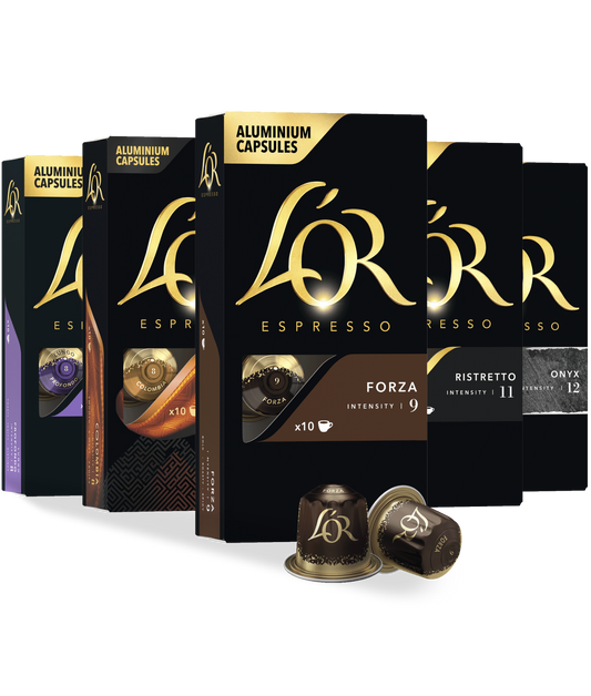Lór Espresso aluminium capsules packaging on a white background