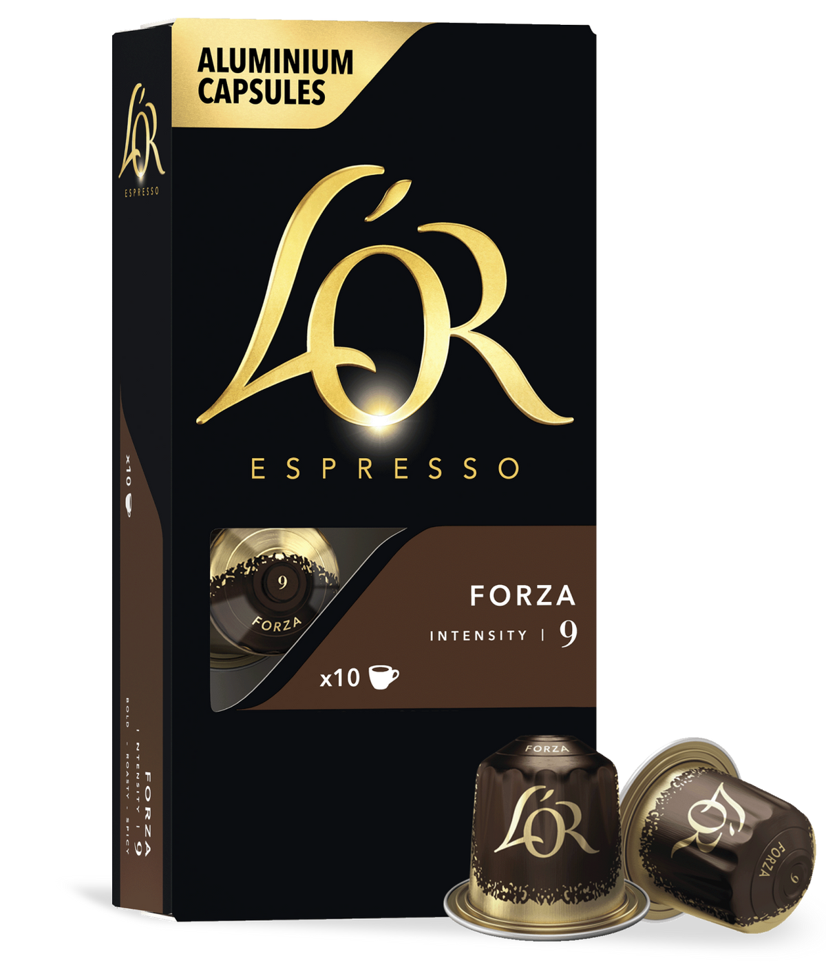 LoR Espresso capsules packaging with two capsules on a white background