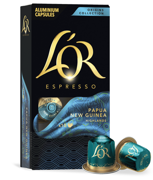 LoR Espresso Papua New Guinea Highlands coffee capsule packaging with two capsules on a white background.