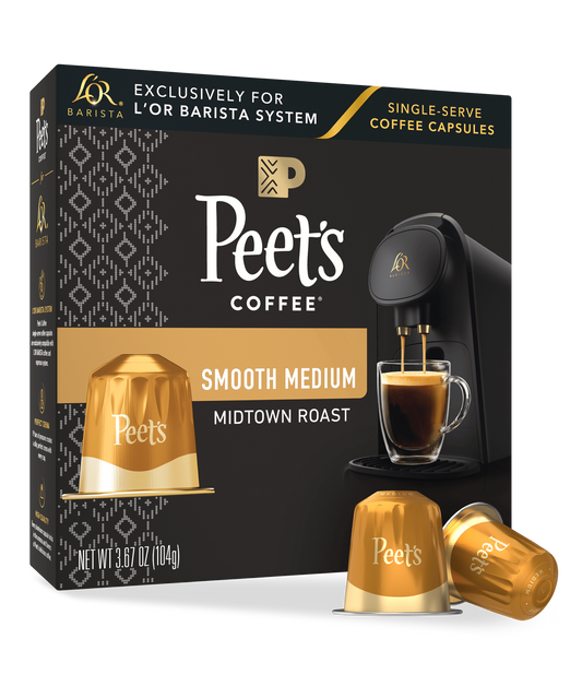 Peet's Coffee single-serve coffee capsules packaging with two capsules in front