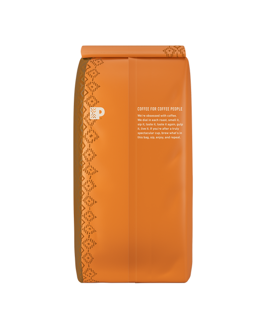 Pumpkin Spice Ground Drip Flavored Coffee - back of bag with coffee for coffee people