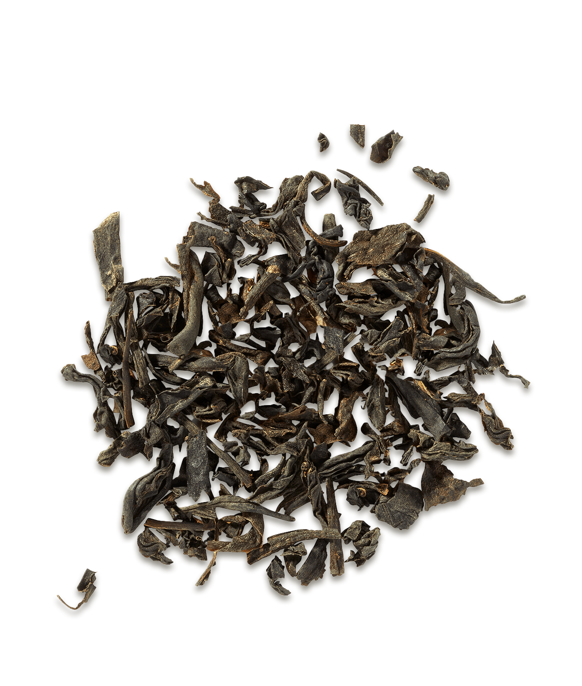 Dry black tea leaves on a white background