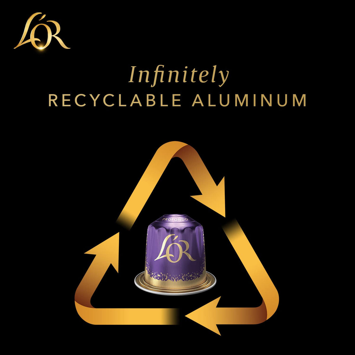 Recyclable aluminum container with LoR logo on a black background