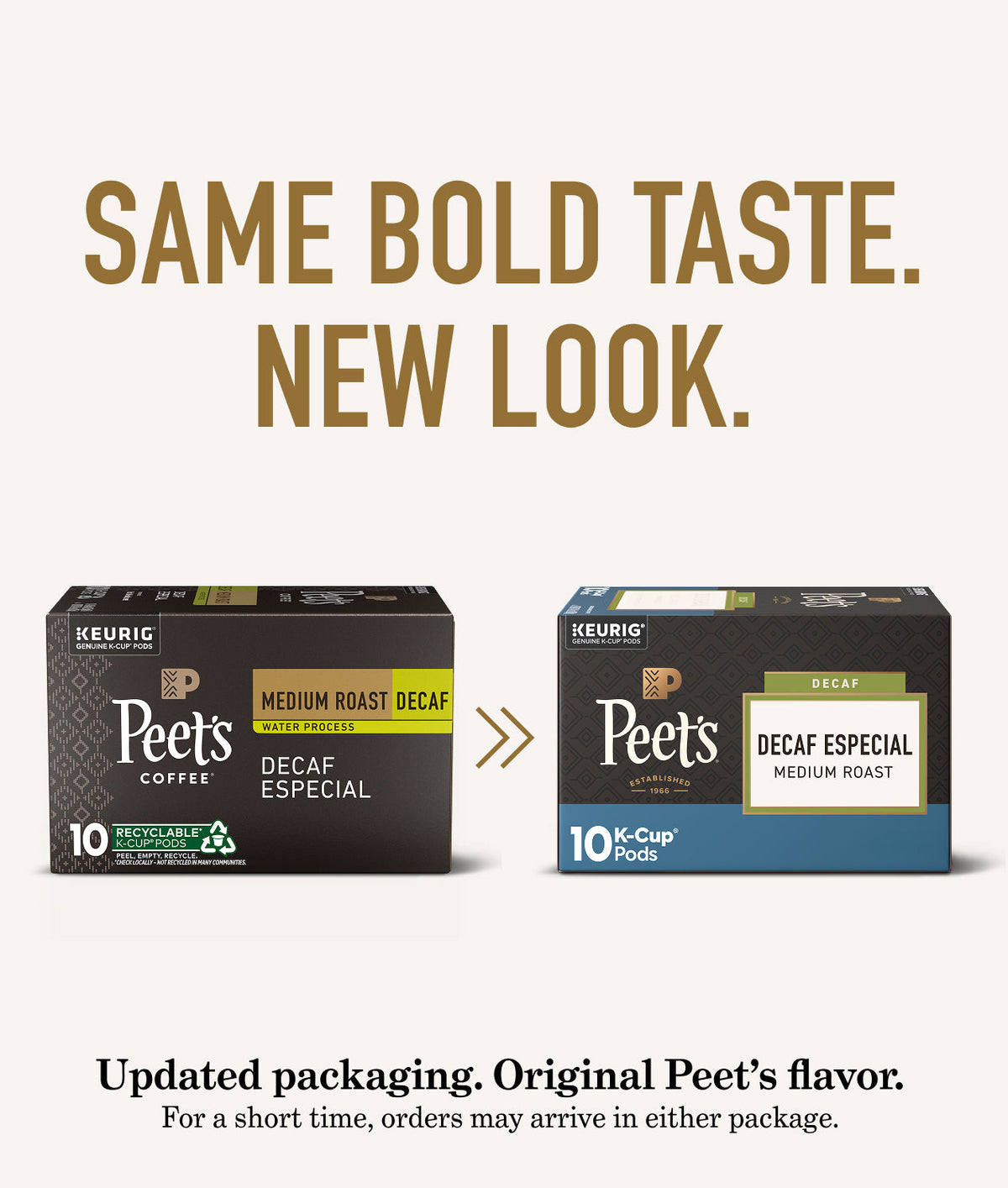 Two boxes of Peet's Decaf coffee K-Cups with text indicating a new look and original flavor.