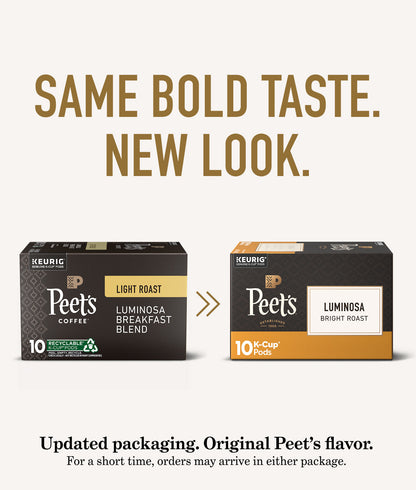 Two boxes of Peet's Coffee K-Cup pods with text about updated packaging.