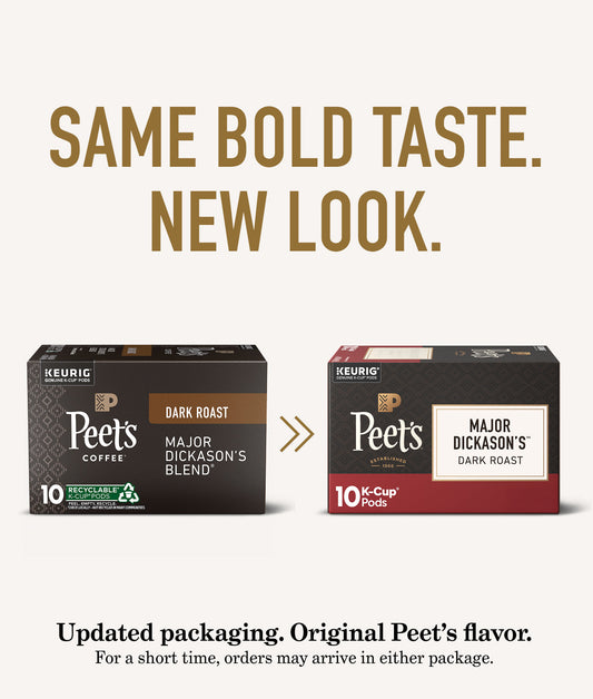 Two boxes of Peet's Coffee K-Cups with text about updated packaging and original flavor.